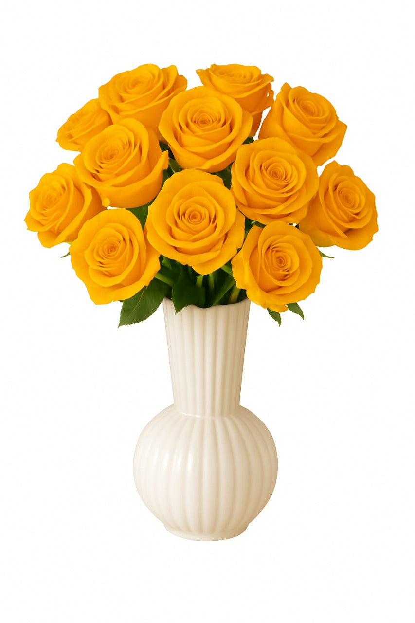 Vibrant Yellow Roses in White Ribbed Vase - Cheerful Floral Arrangement | Tesoro Bloom